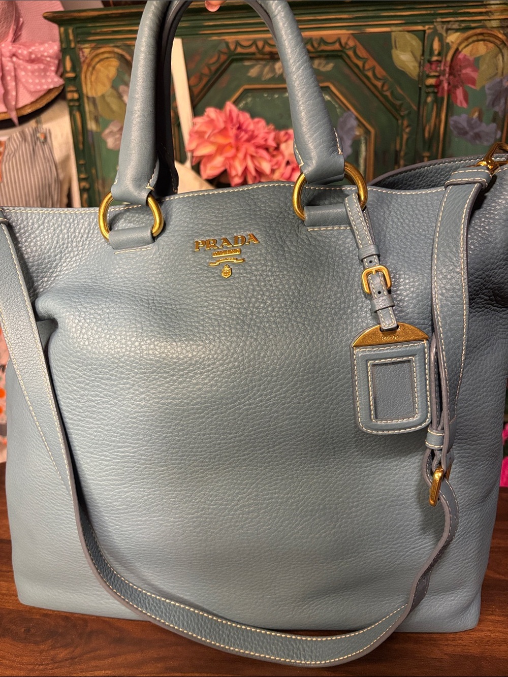 ✨Live Show Listing✨Prada Blue Pebbled Leather Tote with Gold Hardware
